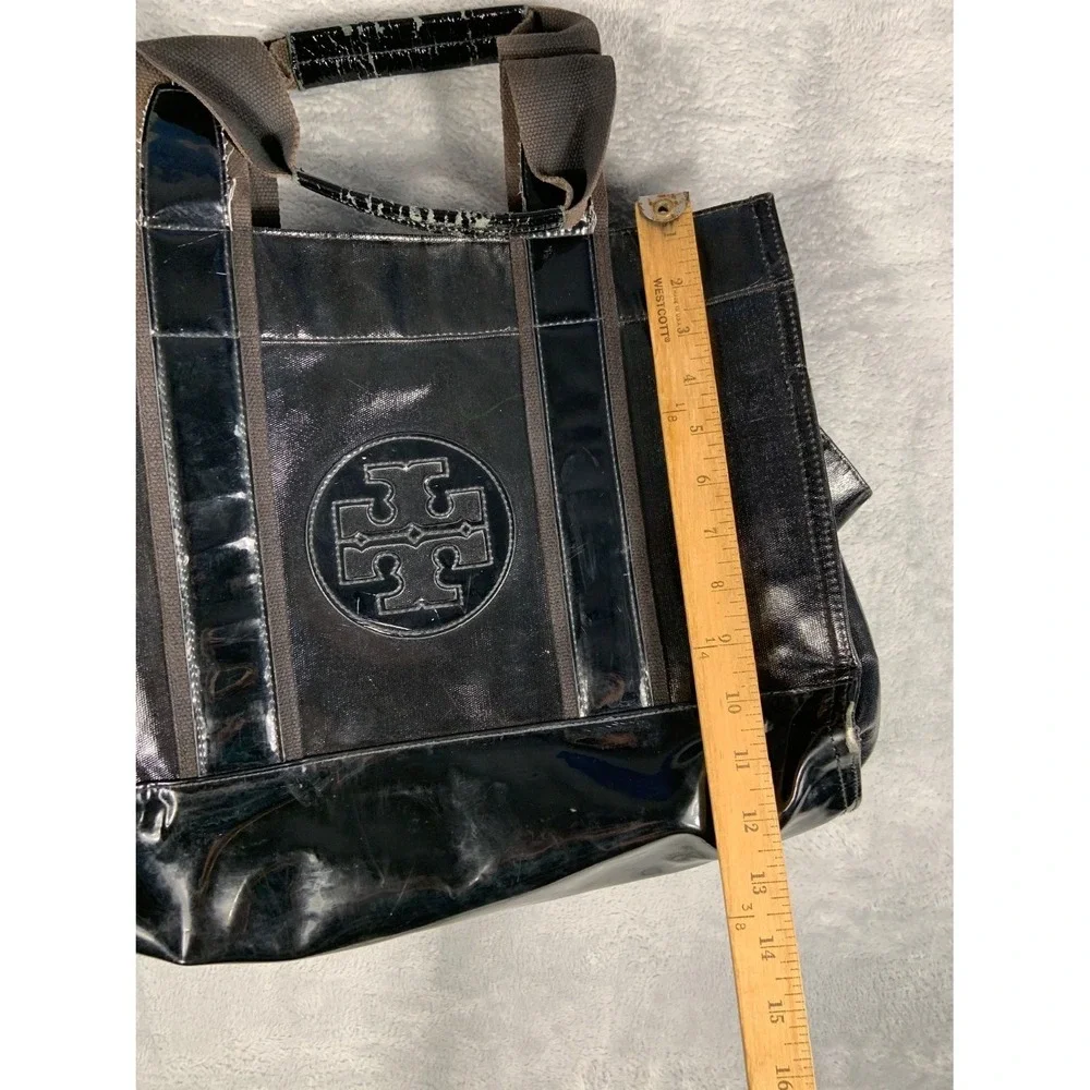 Tory Burch Ella Tote Bag Black Patent Leather Large Shoulder Logo
